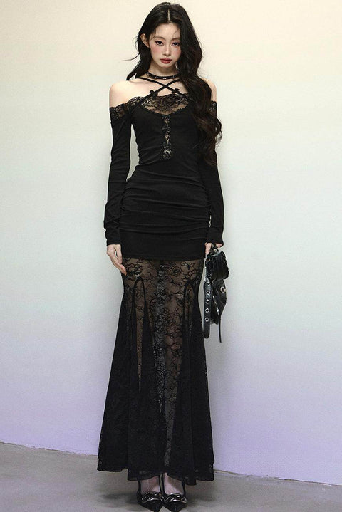 Elegant Lace Halter Long Dress - My Store