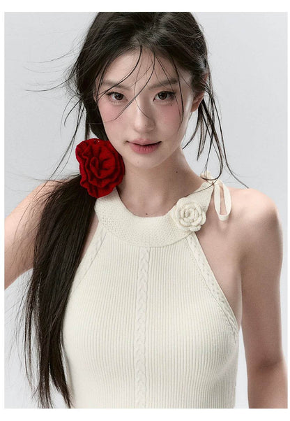 Red & Beige Rose Decor Crewneck Knitted Vest - My Store