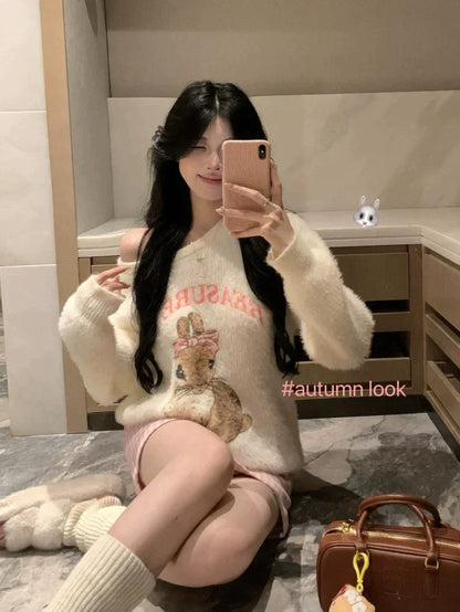 Bunny Sweater & Pink Plaid Skirt Set