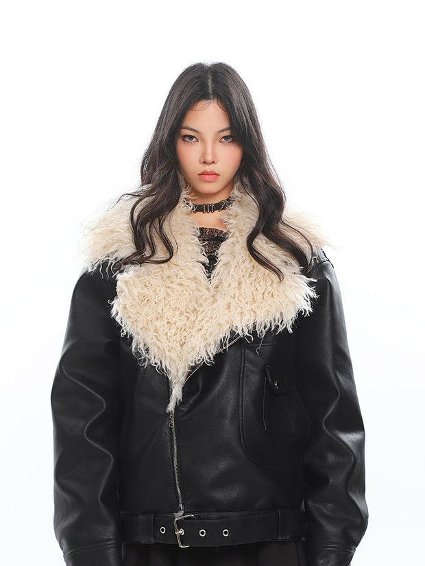 Fur Lapel Windproof Loose Leather Jacket