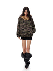 Camouflage Pattern Fur Collar Zip Jacket