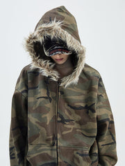 Fur Trim Camouflage Hoodie