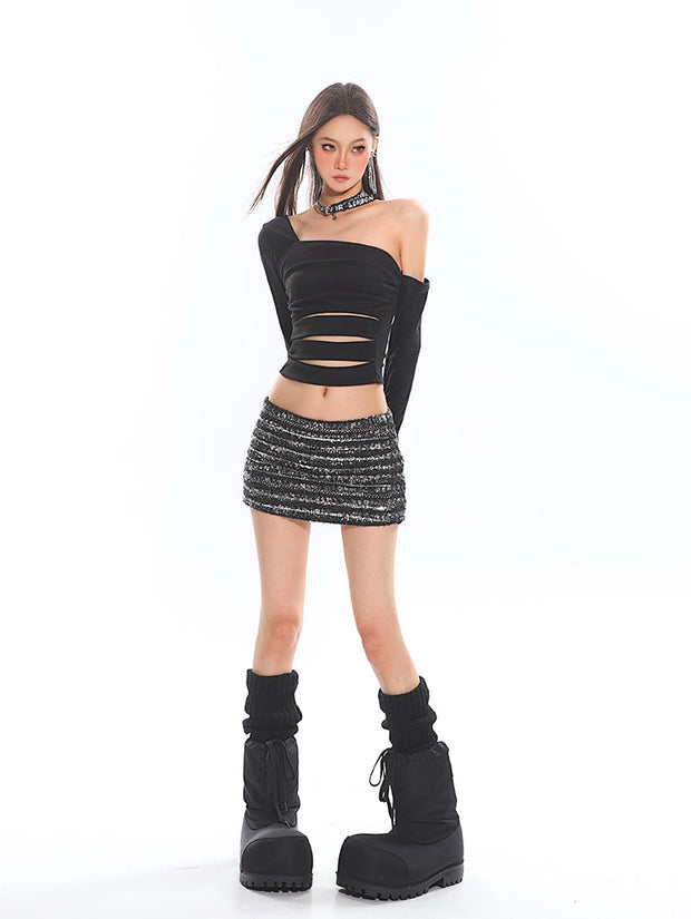 Asymmetric Sleeve Cutout Ruched Crop Top