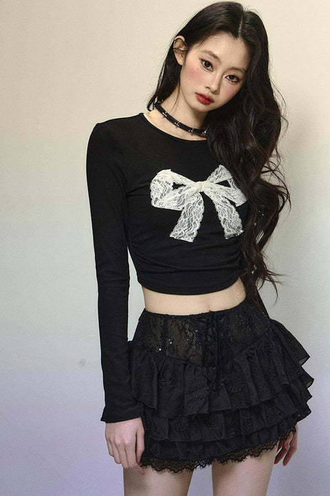 Bow Detail Lace Long Sleeve Top - My Store