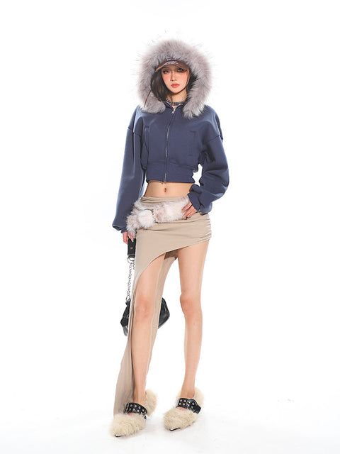 Cropped Faux Fur Hoodie Balloon Sleeves Jacket