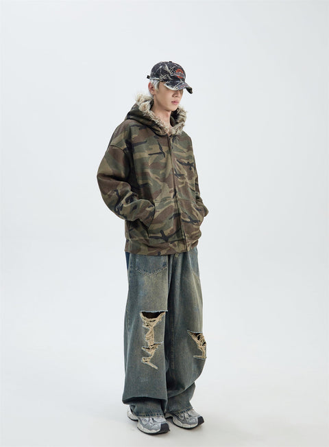 Fur Trim Camouflage Hoodie