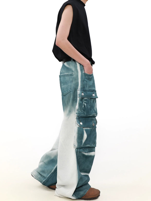 Washed Tie Dye Multi Pocket Wide Leg Denim Jeans