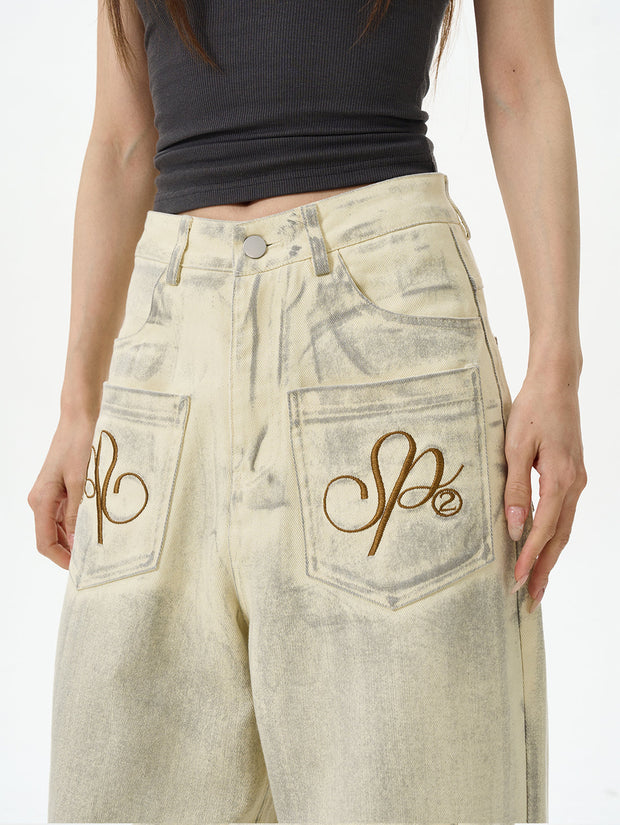 Embroidered Cream Wide Leg Pants