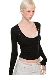 Deep V-Neck Studded Rhinestone Top - My Store