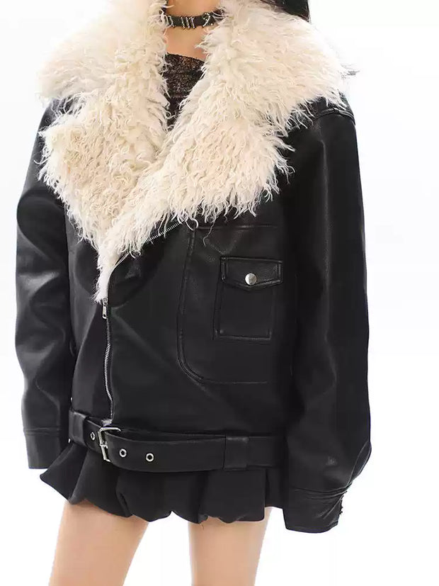 Fur Lapel Windproof Loose Leather Jacket