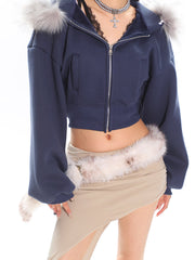 Cropped Faux Fur Hoodie Balloon Sleeves Jacket