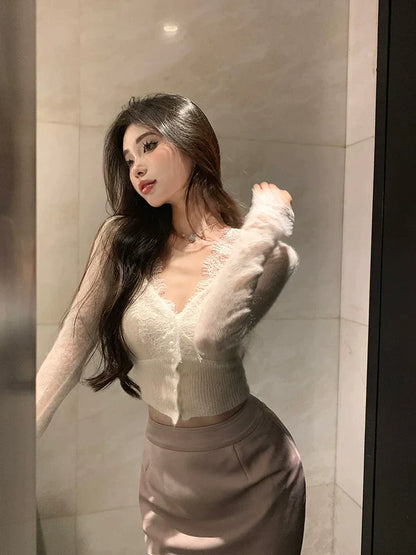 Lace Cardigan & Pink Skirt Set