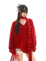 Red Scarf V-Neck Fur Sweater