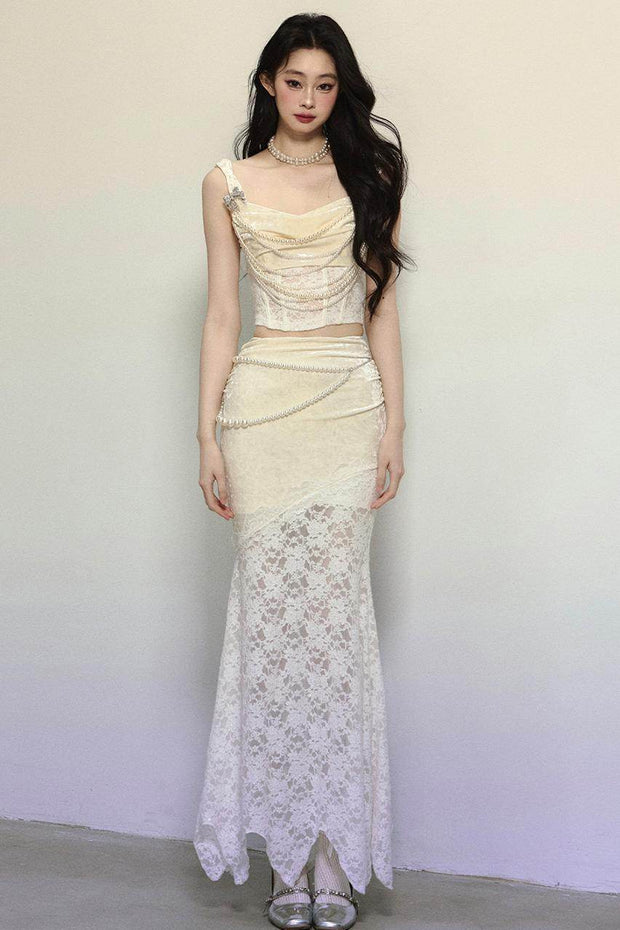 Gilt Night Banquet Lace Vest & Fishtail Skirt Set-Up - My Store