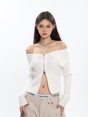 Off Shoulder Fold-over Zip Cardigan