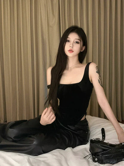 Velvet Top & Leather Pants Set