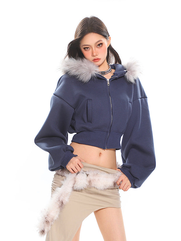 Cropped Faux Fur Hoodie Balloon Sleeves Jacket