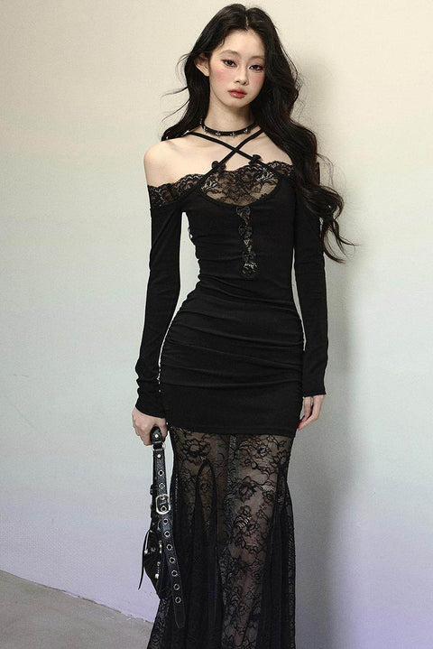 Elegant Lace Halter Long Dress - My Store