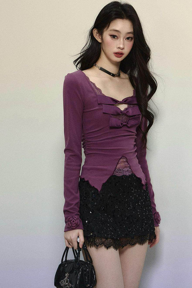 Purple Lace Embroidered Knit Top - My Store