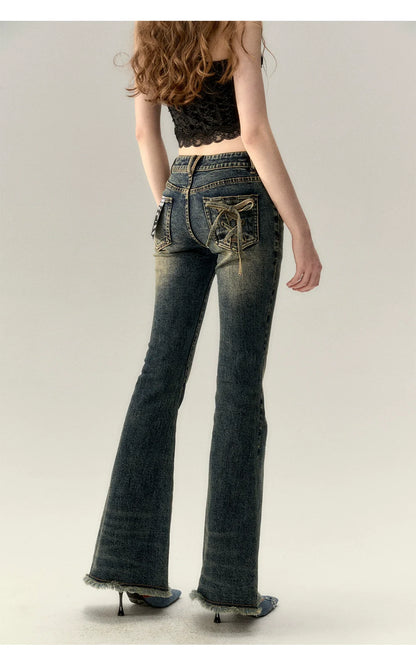 Dark Blue Denim Bow Wide-Leg Pants