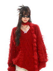 Red Scarf V-Neck Fur Sweater