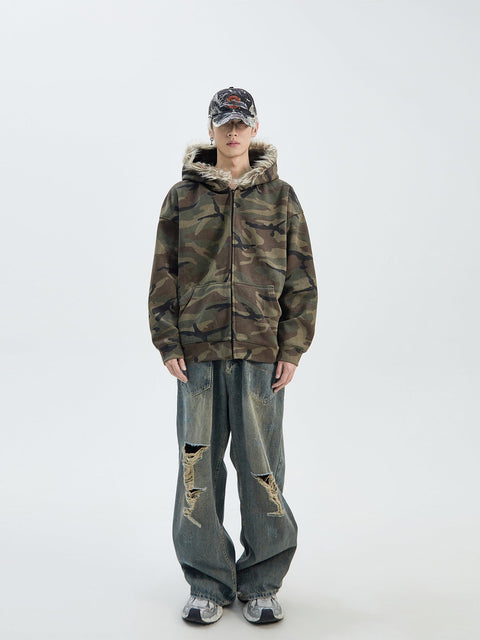 Fur Trim Camouflage Hoodie