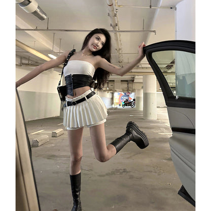 Belt Pleated Shorts Skirt