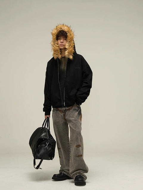 Oversize Fur Neck Zipper Hoodie