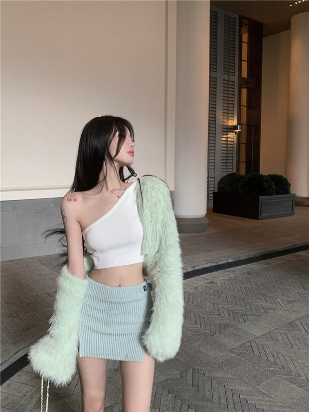 Fur Cardigan & Skirt Set
