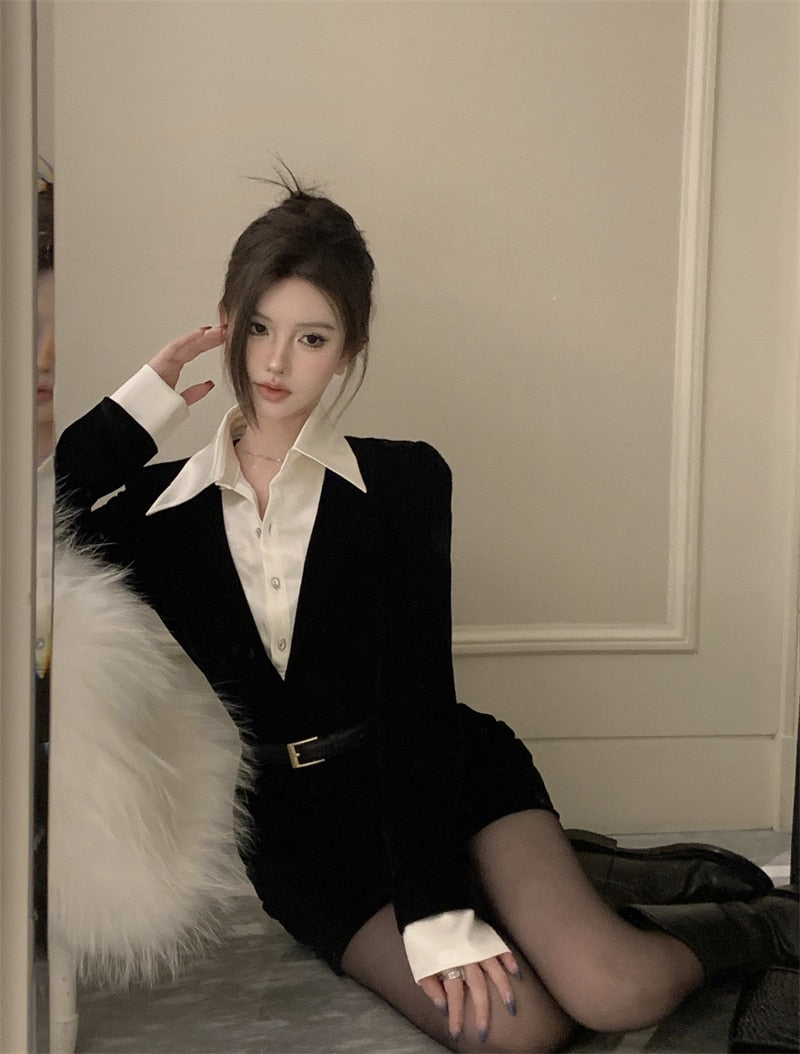 Retro Velvet Mini Dress With Belt