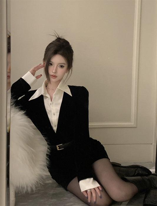 Retro Velvet Mini Dress With Belt