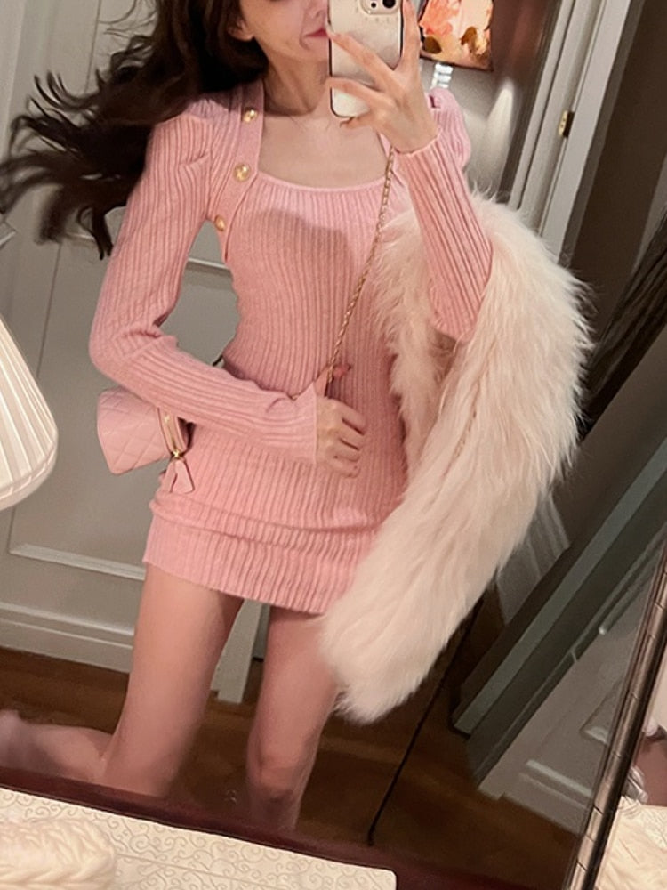 Gold Button Long Sleeve Dress
