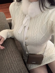 Fur Collar Knitted Sweater & Skirt Set