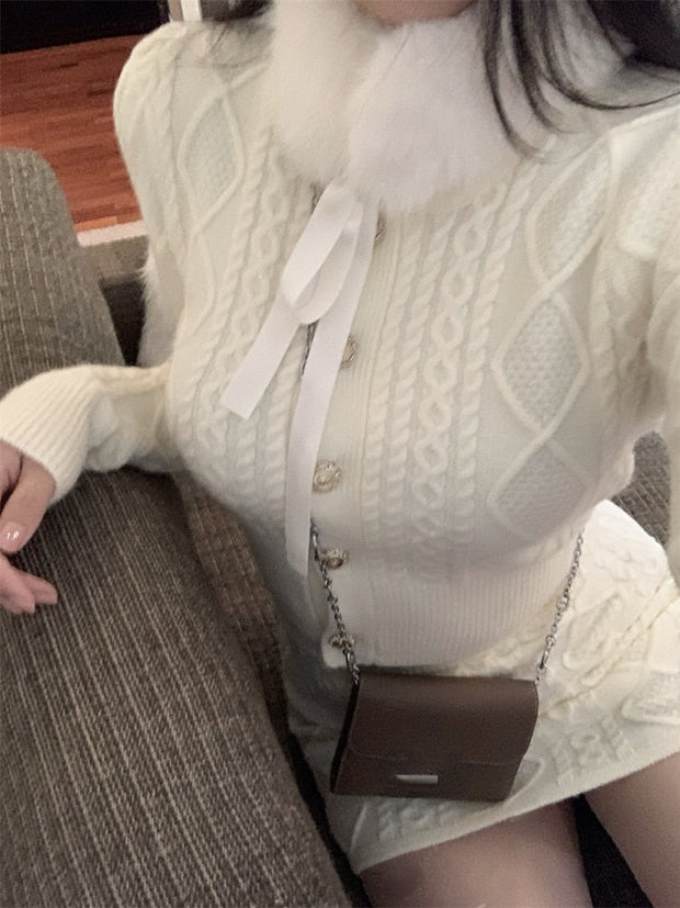 Fur Collar Knitted Sweater & Skirt Set