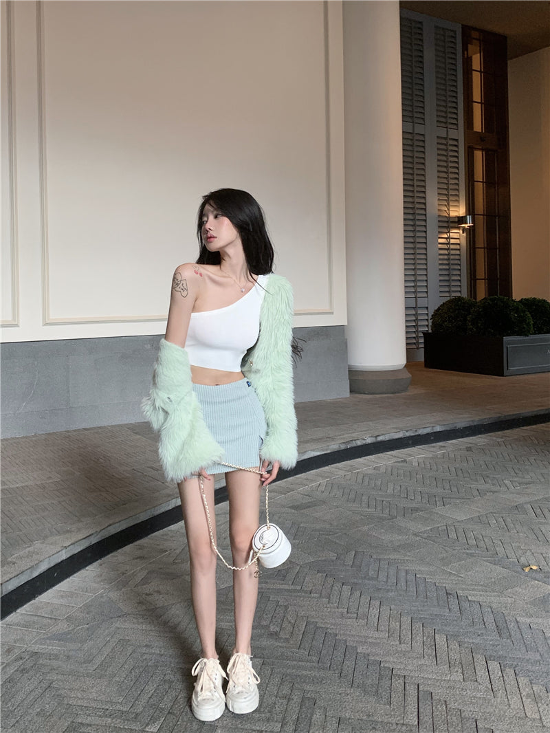 Fur Cardigan & Skirt Set