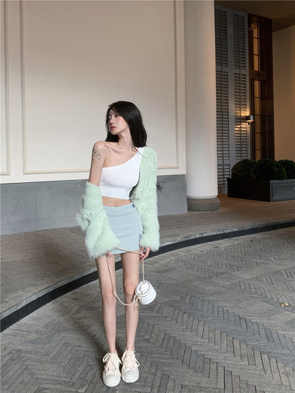 Fur Cardigan & Skirt Set