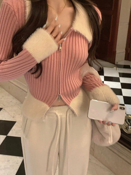 Faux Fur Knitted Zipper Pullover Top