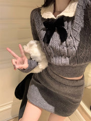 Bow Sweater Knitted Top & Skirt Set