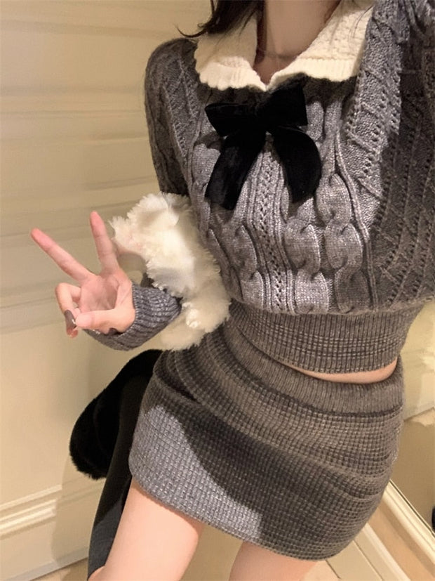 Bow Sweater Knitted Top & Skirt Set