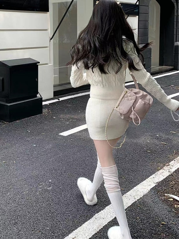 Bow Sweater Knitted Top & Skirt Set
