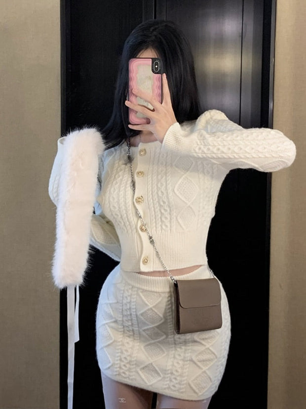 Fur Collar Knitted Sweater & Skirt Set
