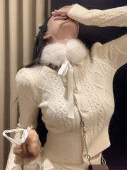 Fur Collar Knitted Sweater & Skirt Set