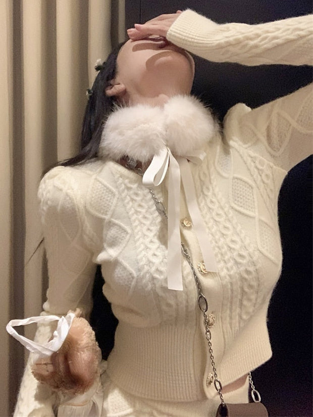 Fur Collar Knitted Sweater & Skirt Set