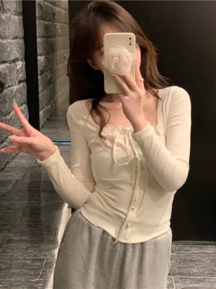 Lace Trim Long Sleeve Top