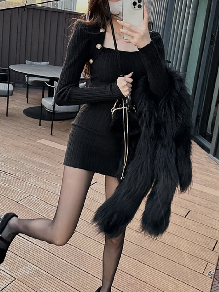 Gold Button Long Sleeve Dress