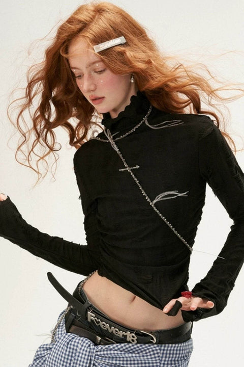 High Neck Black Trim Long Sleeve Top - My Store