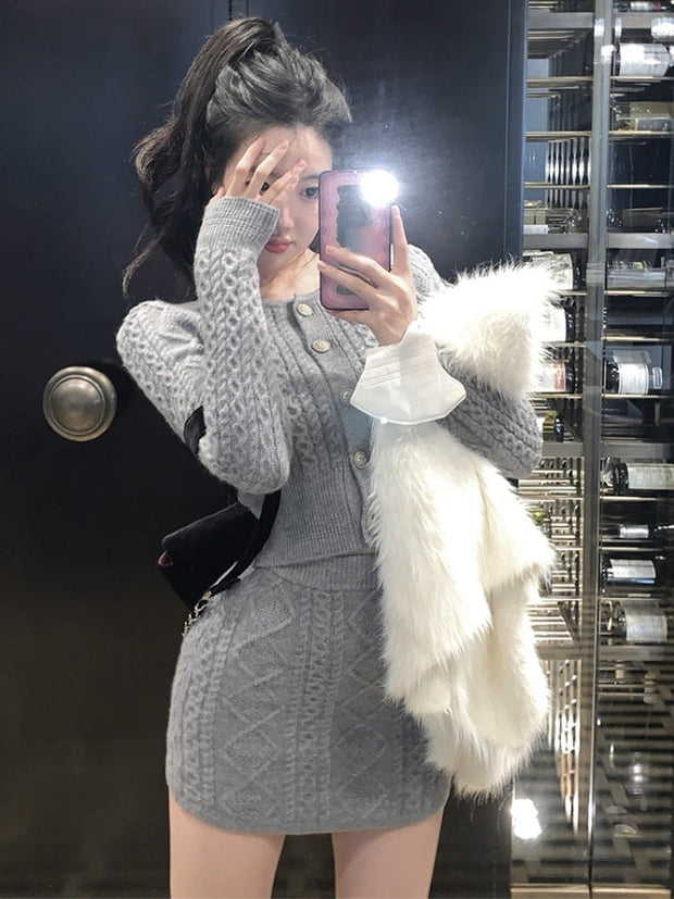 Fur Collar Knitted Sweater & Skirt Set