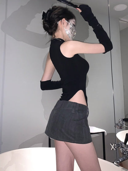 Black Crop Long Sleeve Top