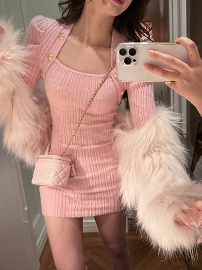 Gold Button Long Sleeve Dress