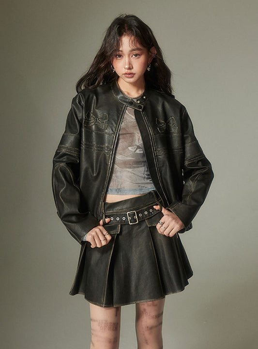 Vintage Bow Leather Zipper Jacket